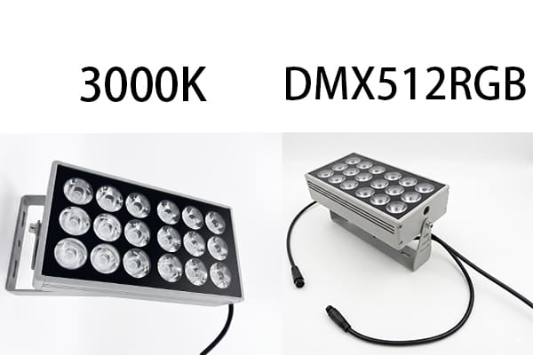 A 54W DMX512 RGB floodlight next to a single-color 3000K floodlight, showing their identical bodies.